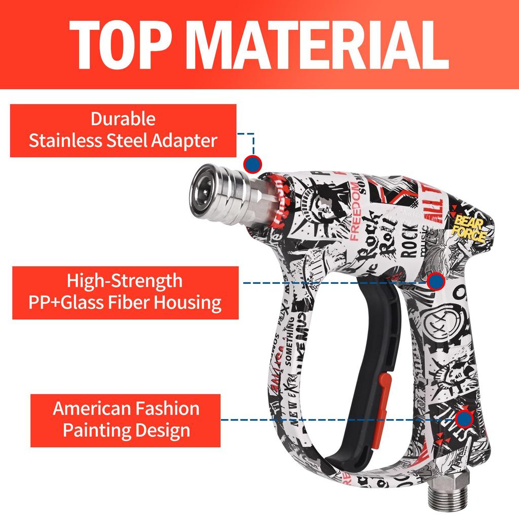 BEAR FORCE High Pressure Washer Gun 210Bar/ 3000 PSI Max, Power Washer Color Painted Short Spray Gun Inlet M22-ID14mm with 1/4" Quick Connector