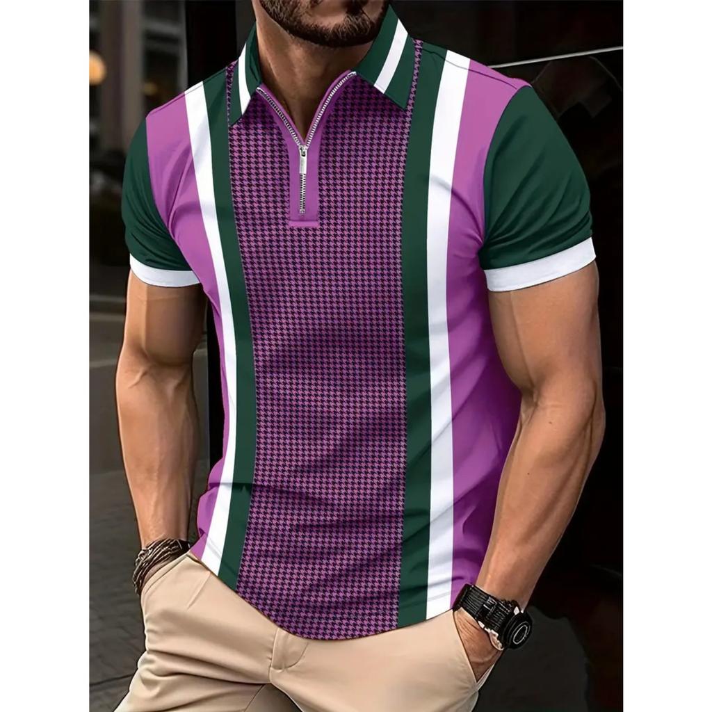 Striped Printed Polo Shirt Men's Daily Outdoor Casual Lapel Short Sleeve Polo Shirt