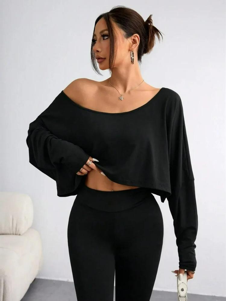 2026 Women'S Black Long Sleeve Blouse T-shirt Casual Asymmetrical Neck Strapless Top for Sporty