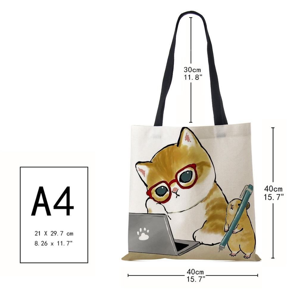 Cat Cartoon Canvas Shoulder Bag Women Print Harajuku Casual Shopping Tote Bag Reusable Large Capacity Folding Handbag CLE