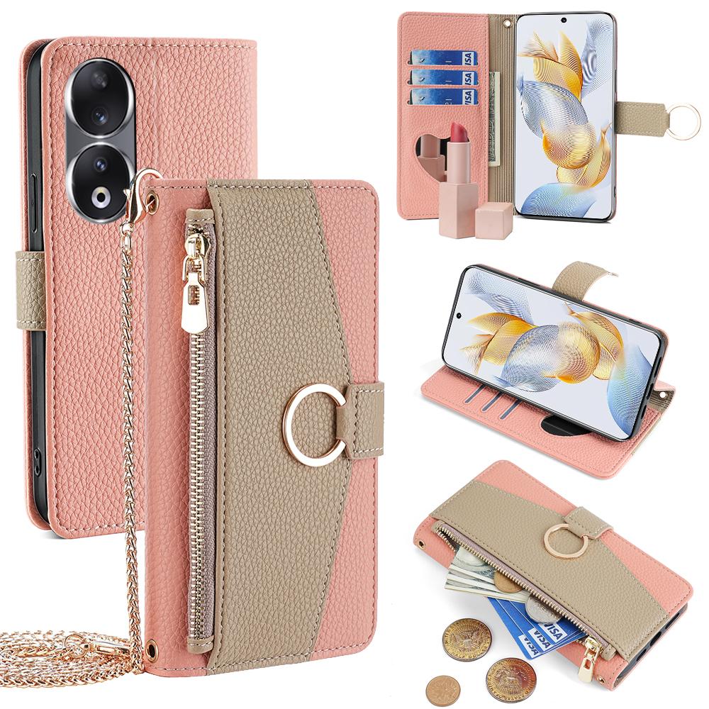 

For Honor 90 Case Wallet Stand PU Leather Litchi Texture Cell Phone Protector Pink