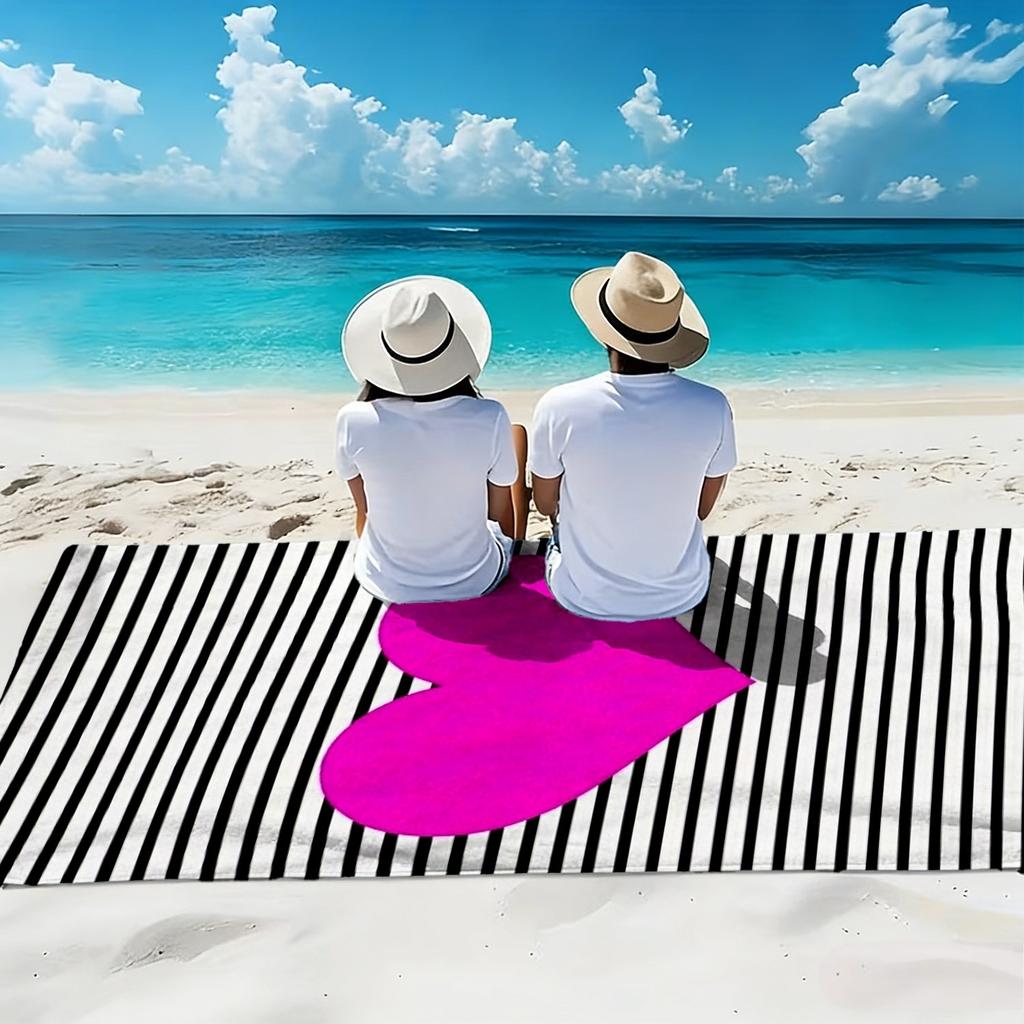 1pc Striped Heart Extra Large Beach Towel, Microfiber, Ideal for Seaside Pool Party Picnic, Perfect Valentine Summer Gift