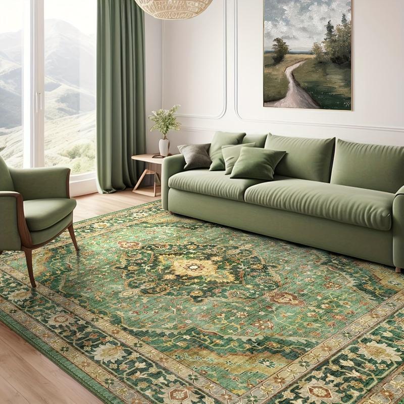 Large Bohemian Green Floral Area Mat, Holiday Home Accent | Floral Pattern Mat | Machinewashable Mat, Rugs for Living Room