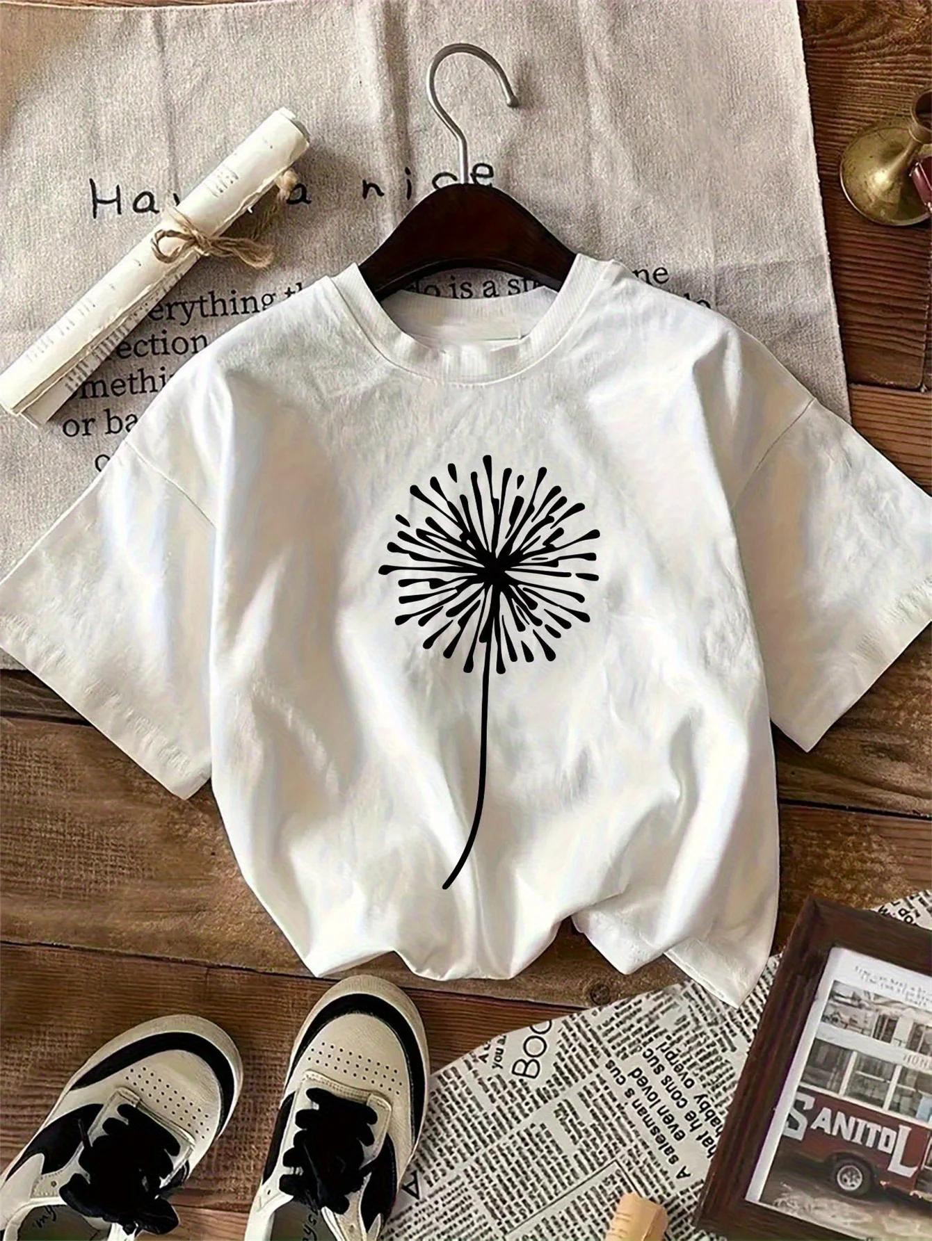 

Dandelion Print Short Sleeve T-shirt Casual Versatile Style Summer Women Clothes Casual and Simple Style Women Clothing 4XL