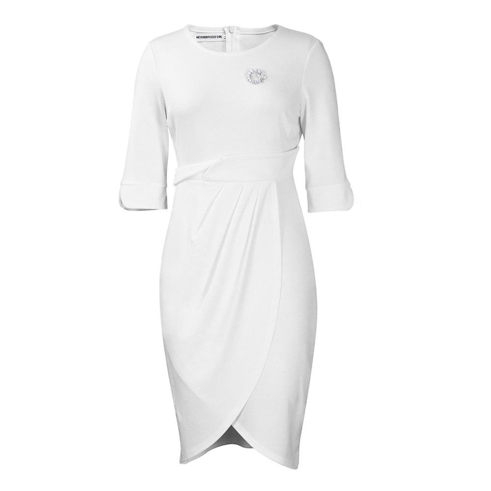 Robe plissée couleur unie pour femmes, grande taille, mode dames, élégante, une pièce, manches moyennes, col rond, avec broche