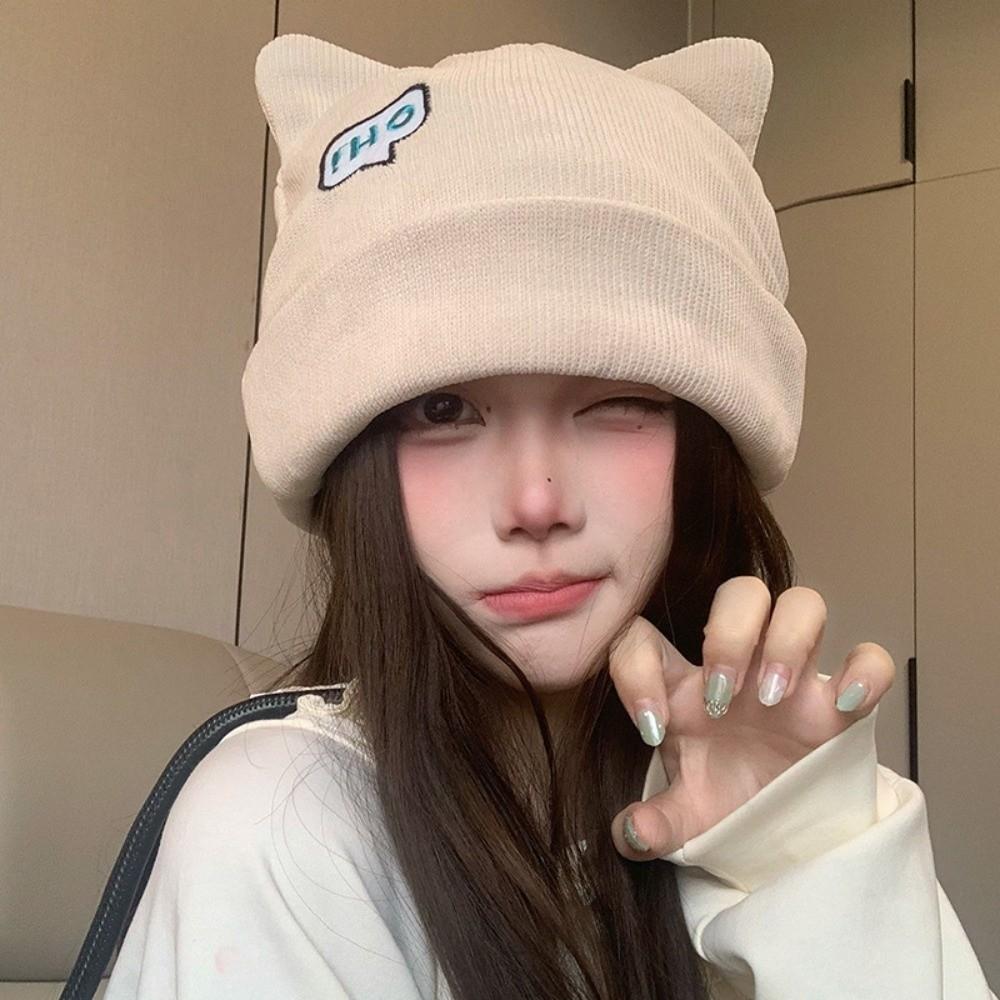Polyester Cat Ear Beanie Hat Large Head Circumference Fall Winter Skull Cap Casual Use