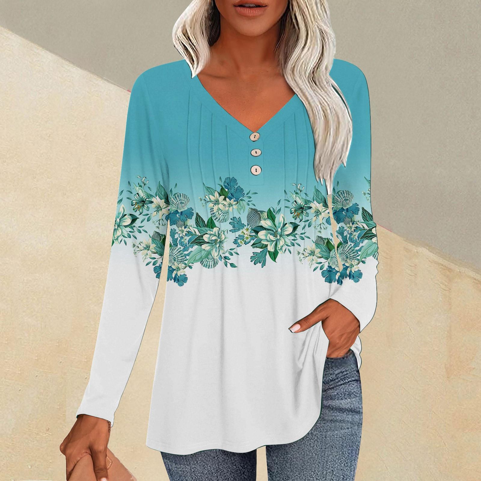 

Модні топи повсякденні плісовані V-подібним вирізом рослинний принт довгими рукавами футболка XL чорний