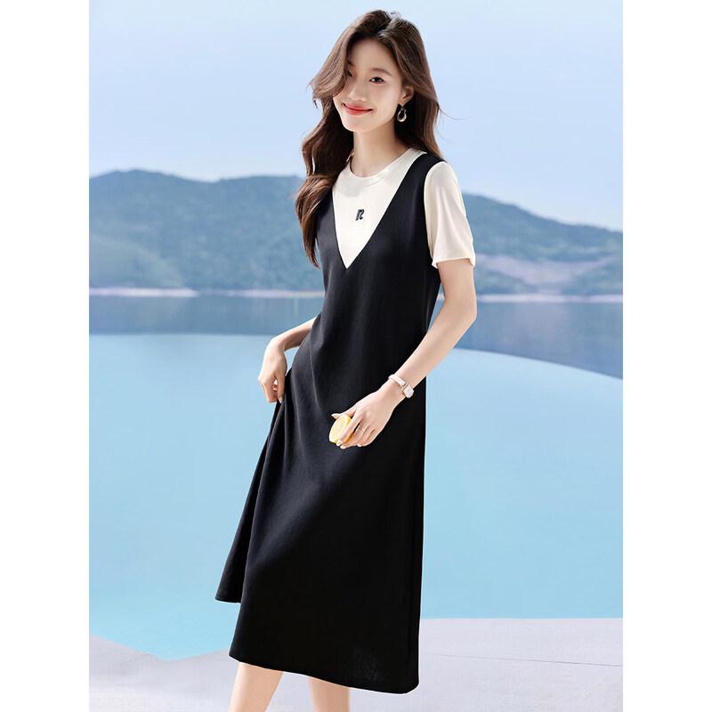 Women's Casual Faux Two-Piece Color Block A-Line Dress