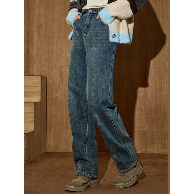 Coolhut Slimming Retro Washed Wide-Leg High-Waisted Loose Slimming Straight-Leg 2025 Winter Women's Jeans