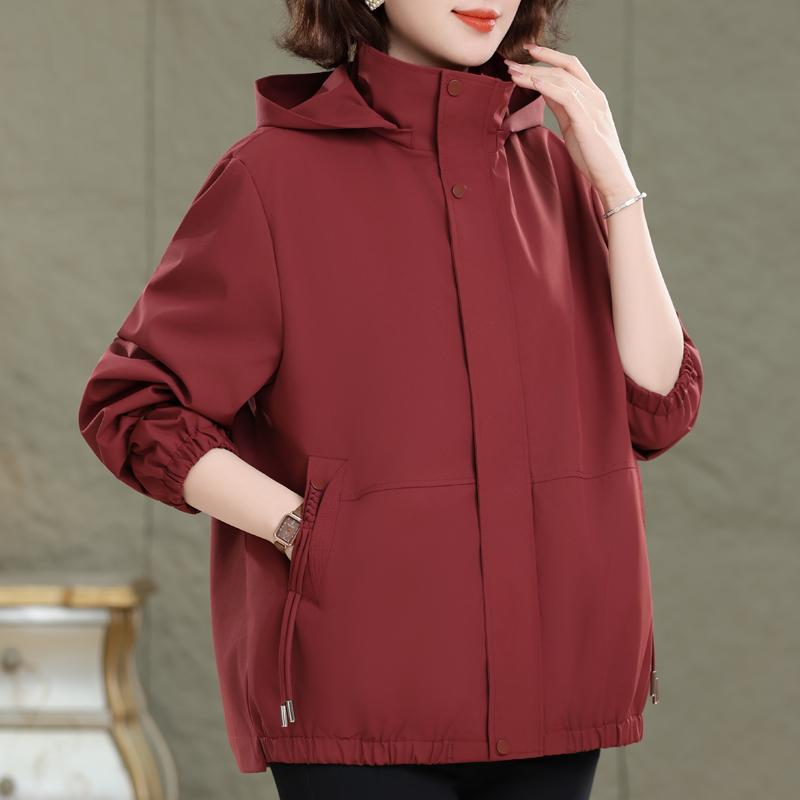 Women's Plus Size Solid Color Hooded Jacket – Drawstring Pocket Windproof Coat (Sizes 3XL-7XL) for Middle-Aged Women