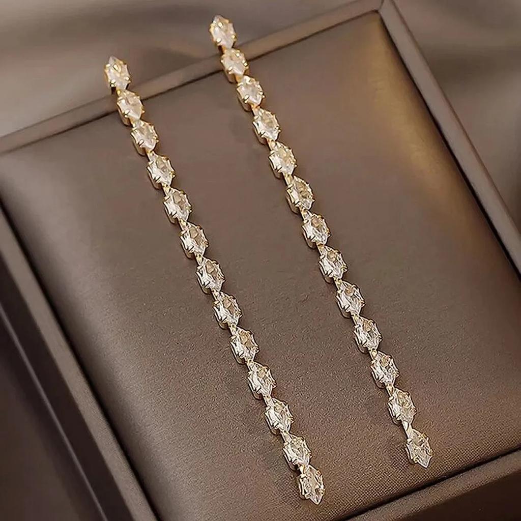 FYUAN Simple Geometric Zircon Crystal Earrings for Women Gold Copper Color Long Tassel Dangle Earrings Party Weddings Zircon