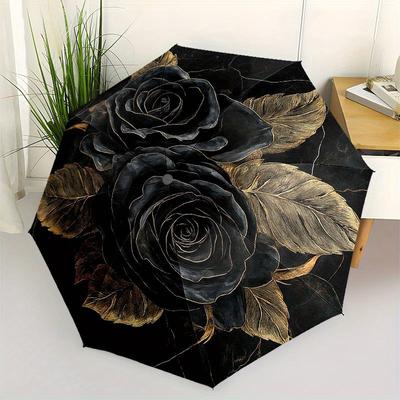Black Rose Elegance: Unique Circular Wall Art Decor Umbrella, Portable 3-Fold Compact Umbrella for Men & Women R114