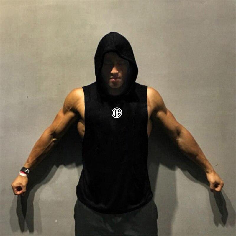 Muscleguys Summer Men's Cotton Breathable Sweat Absorbing Sports Hooded Vest Fitness Loose Sleeveless T-shirt