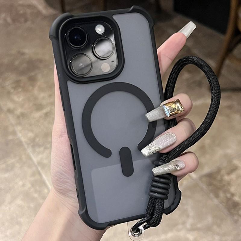 Matte Shockproof Armor For Magsafe Wireless Charge Case for iPhone 16 16E 15 14 Plus 13 12 11 Pro Max Clear Wrist Strap Cover