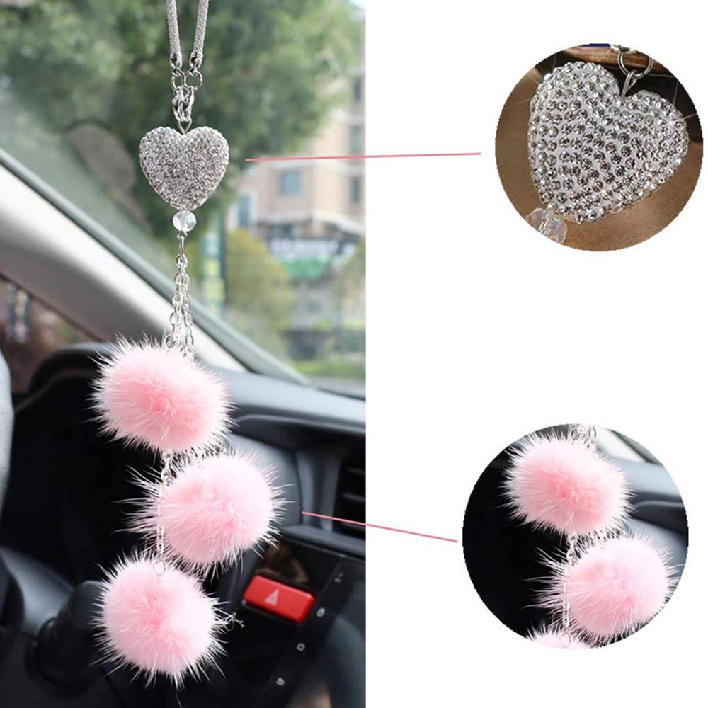 Rearview Mirror Bling  Car Charm Pink Plush Ball Car Hanging Ornaments Car Crystal Pendant