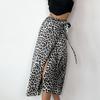 French Style Wrap Midi Skirt Leopard Print Straight Split Elegant Womens