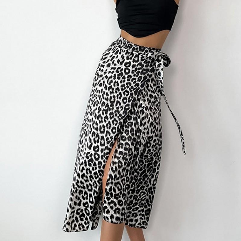 French Style Wrap Midi Skirt Leopard Print Straight Split Elegant Womens