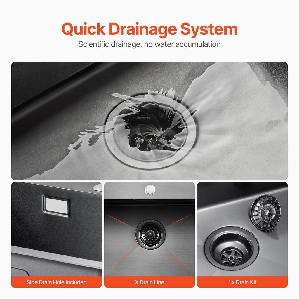 55cm Kitchen Sink Topmount Single Bowl Drop-In Basin Stainless Steel Black