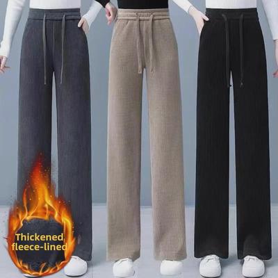 Women's Plush Corduroy Wide-Leg Pants - High Waist, Loose Fit, Autumn/Winter Trend