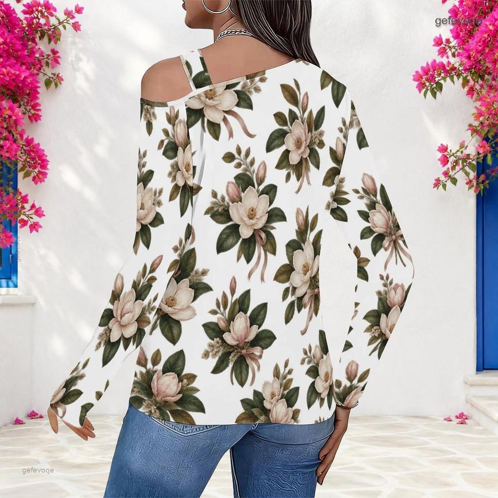 Women Plus Size White Floral Printed Asymmetric Cutout Neck Cold Shoulder Long Sleeve Fitted Top