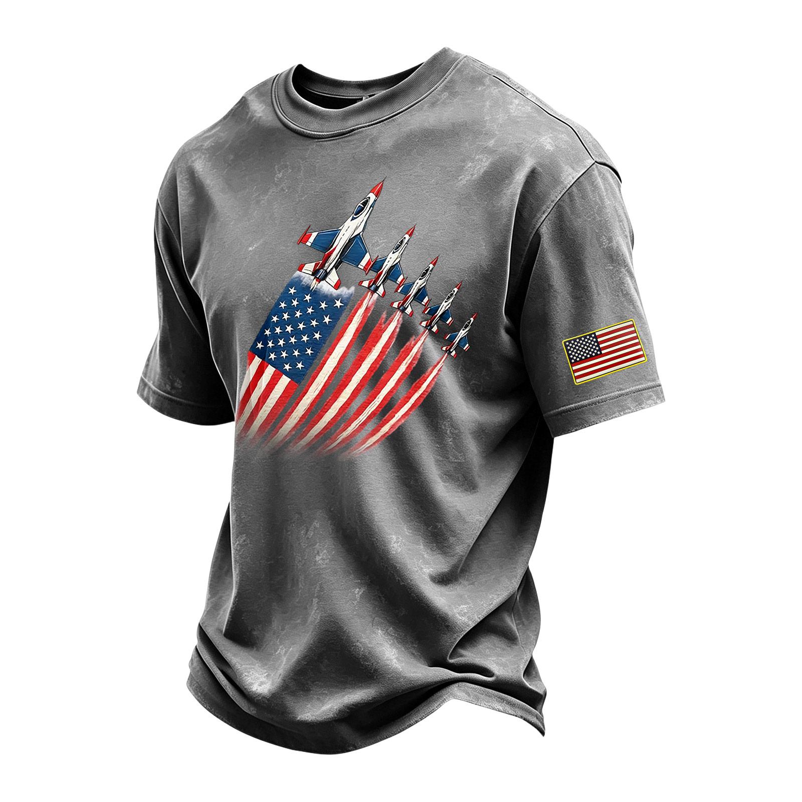 

Men s Vintage Washed Crew Neck Short Sleeve T Shirt with Independent Day Print Casual Fit Comfortable Fabric Durable Stitching L