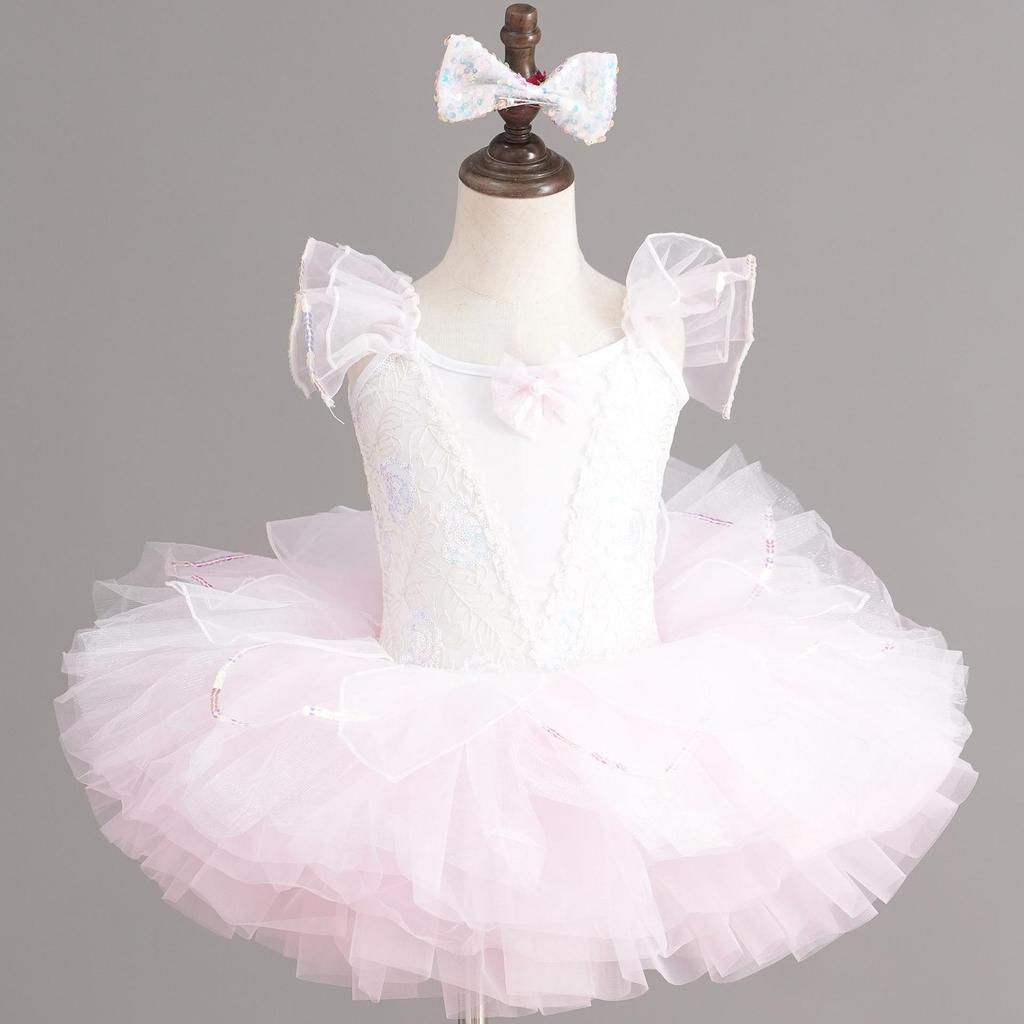 Mädchen Pailletten Prinzessin Ballett Kostüm mit bauschigem Rock, Kleines Schwanen-Auftrittskostüm für den Kindergarten