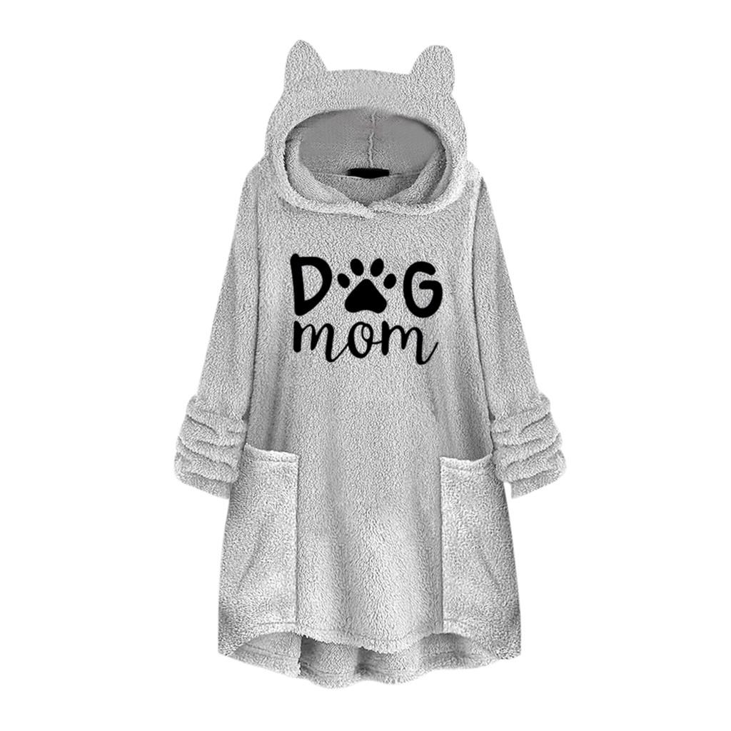 Kadın Polar Nakış Kedi Kulak Artı Boyutu Hoodie Cep Üst Kazak Bluz