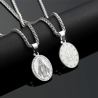 Titanium Steel Virgin Mary Necklace Silvery/Black Golden Plated Unisex Christian Jewelry Cross Miraculous Medal Pendant Necklace