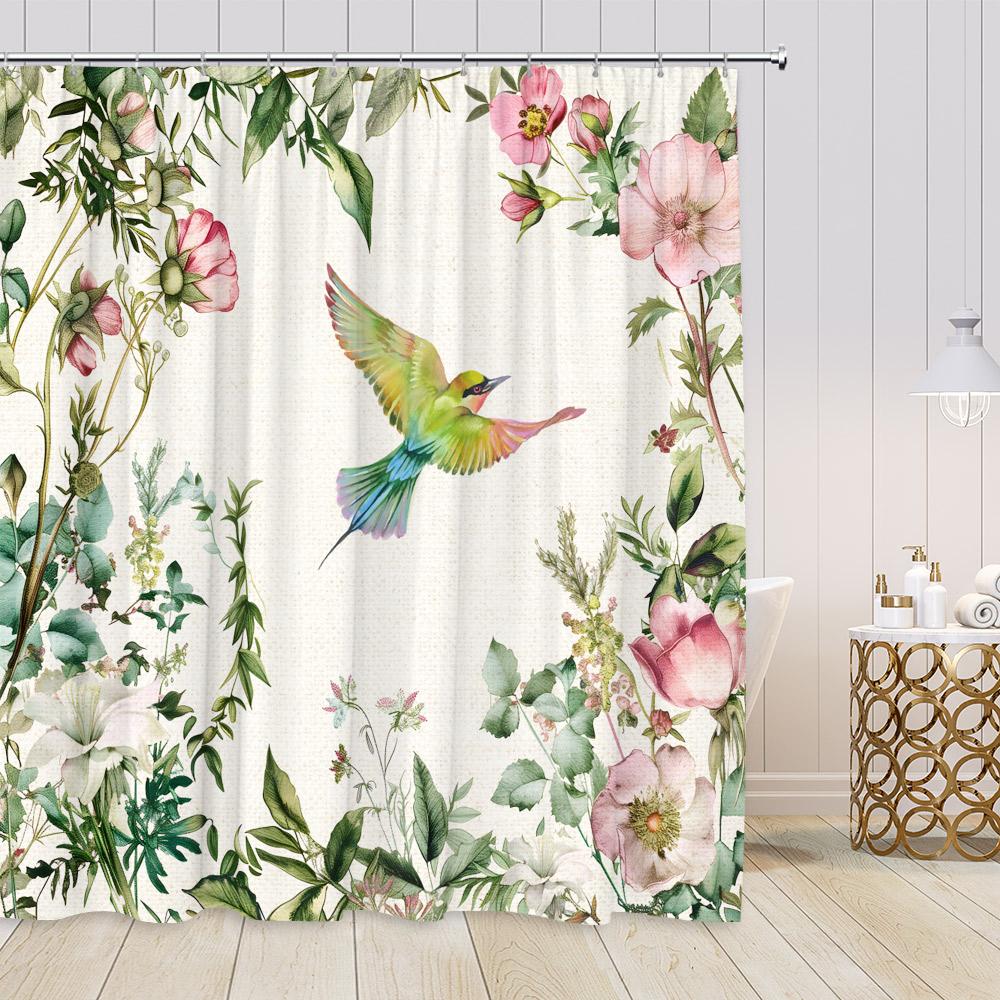 Květinové sprchové závěsy s kolibříky Ptáci Kvetoucí květy Barevný květ Zeleň Rostliny Moderní jarní koupelnová dekorace