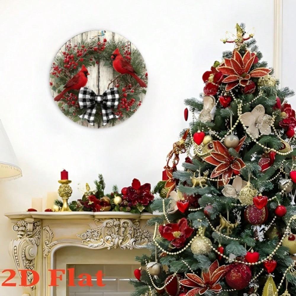 Christmas Wreath Metal Wall Art with Cardinal Birds and Bow