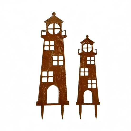 2Pcs Rusty Lighthouse Stakes Garden Lighthouse Yard Metal Flat Art Stakes Coastal