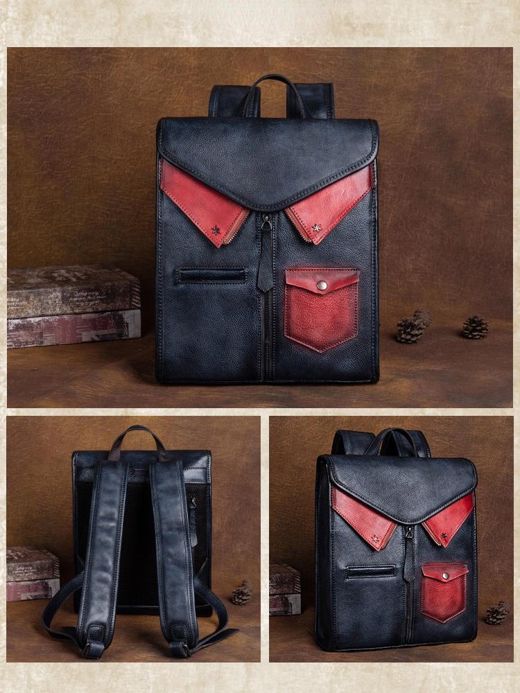 Johnature Vintage originální kožený batoh Dámská taška Volný čas Velkokapacitní cestovní taška z pravé hovězí kůže Kreativní batohy