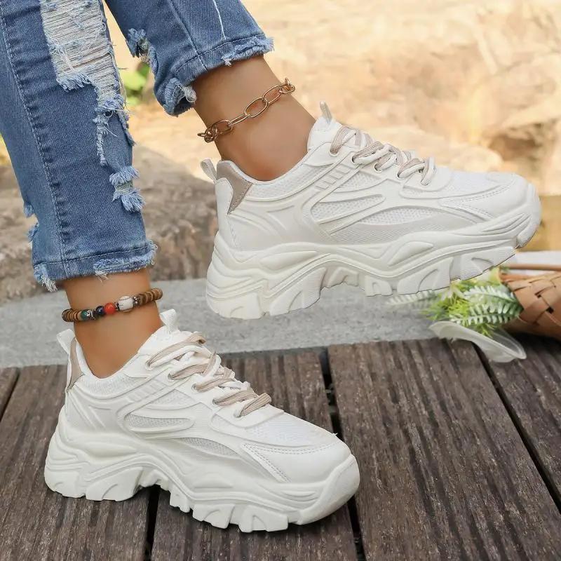 Mode Atmungsaktive Mesh Schnür-Sneakers Damen 2025 Herbst Runde Zehen Dicke Sohle Sneakers Komfort Weiche Sohle Rutschfest Laufschuhe