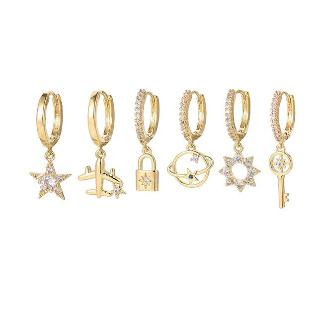 

ANENEJERY серьги-кольца с цирконом в виде самолета и звезды, ключ, серьги-кольца для женщин, креативный комплект серег ручной работы из 6 предметов