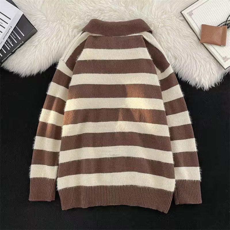 American retro brown striped trendy brand lapel polo sweater men and women autumn and winter ins high street loose lazy wind