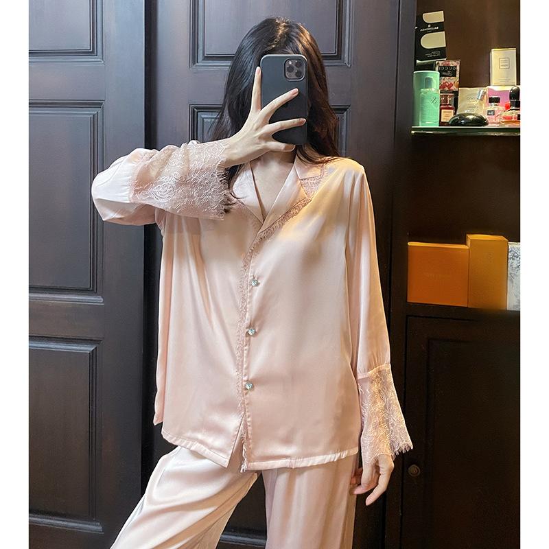 Pajamas Women'S Spring And Summer Pink Girly Style Long-Sleeved Trousers Sexy Lace Two-Piece Suit Loungewear