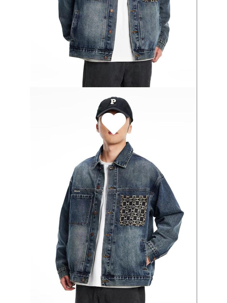 Men's Autumn Patchwork Denim Jacket: Precision Embroidery, Loose Fit, Plus Size Workwear Design.
