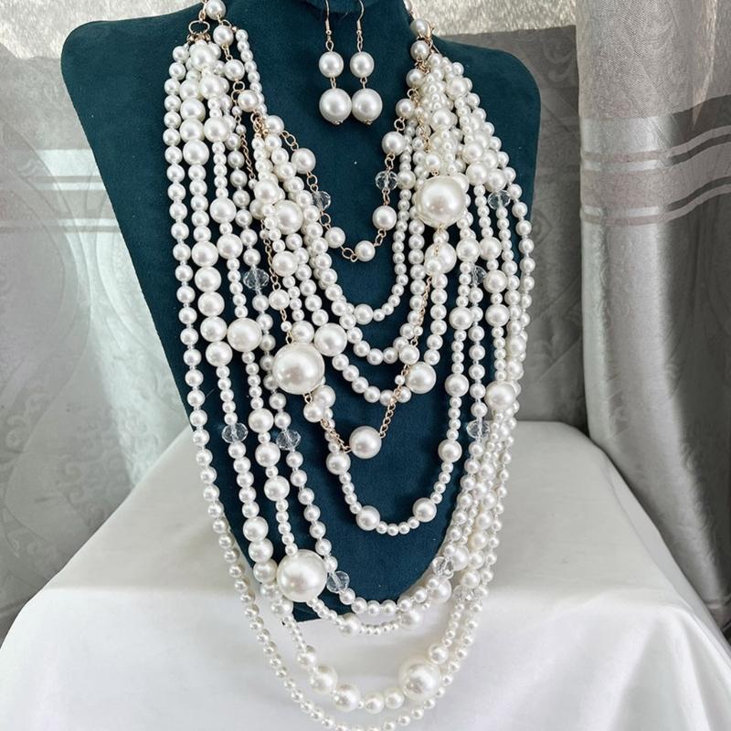 Elegant Multilayer Pearls Necklace and Earrings Set for Women Featuring Handmade Beading and Fashionable Designs