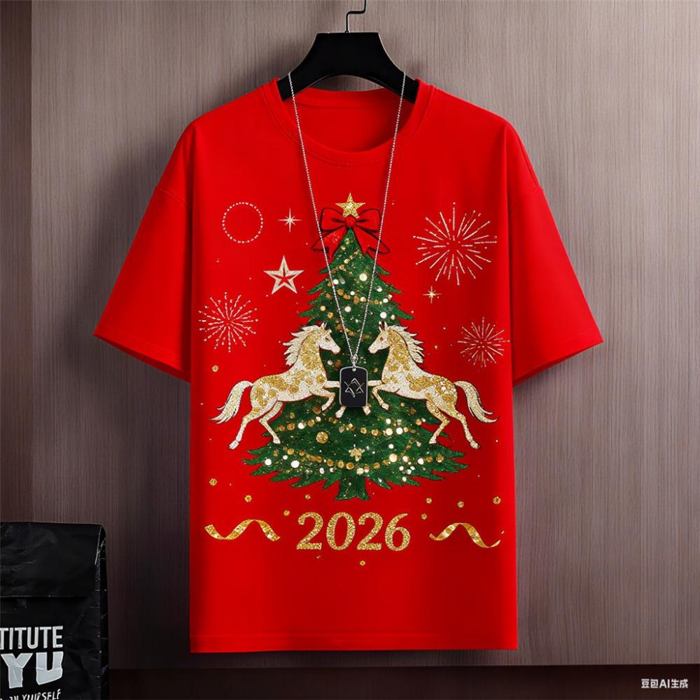 2026 Year of the Horse Fashion Red T-Shirt Men’s Extended Street Casual