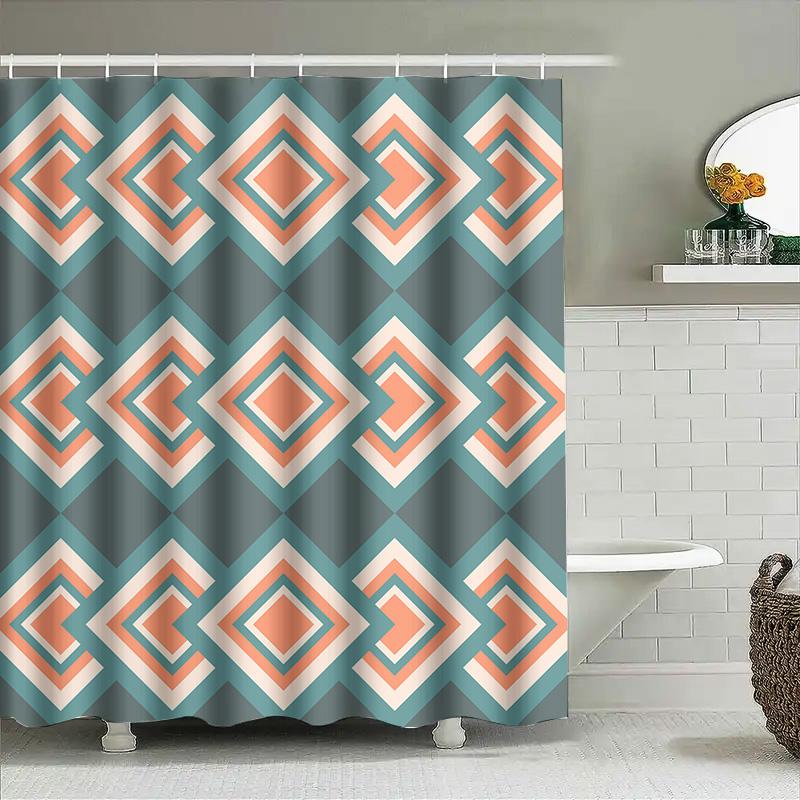 Green and Peach Diamond Pattern Shower Curtain Waterproof Fabric for Bathroom Decor – Modern Geometric Design with 12 Hooks Set