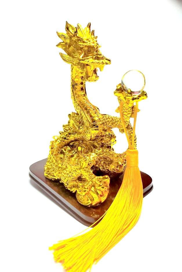 Golden Rising Dragon Figurine with Crystal Ball for Good Fortune and Strong Luck