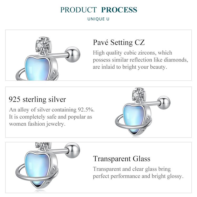 BAMOER 925 Sterling Silver Love Planet Stud Earrings for Women Fine Jewelry Simple Blue Heart Earrings Anniversary Gift