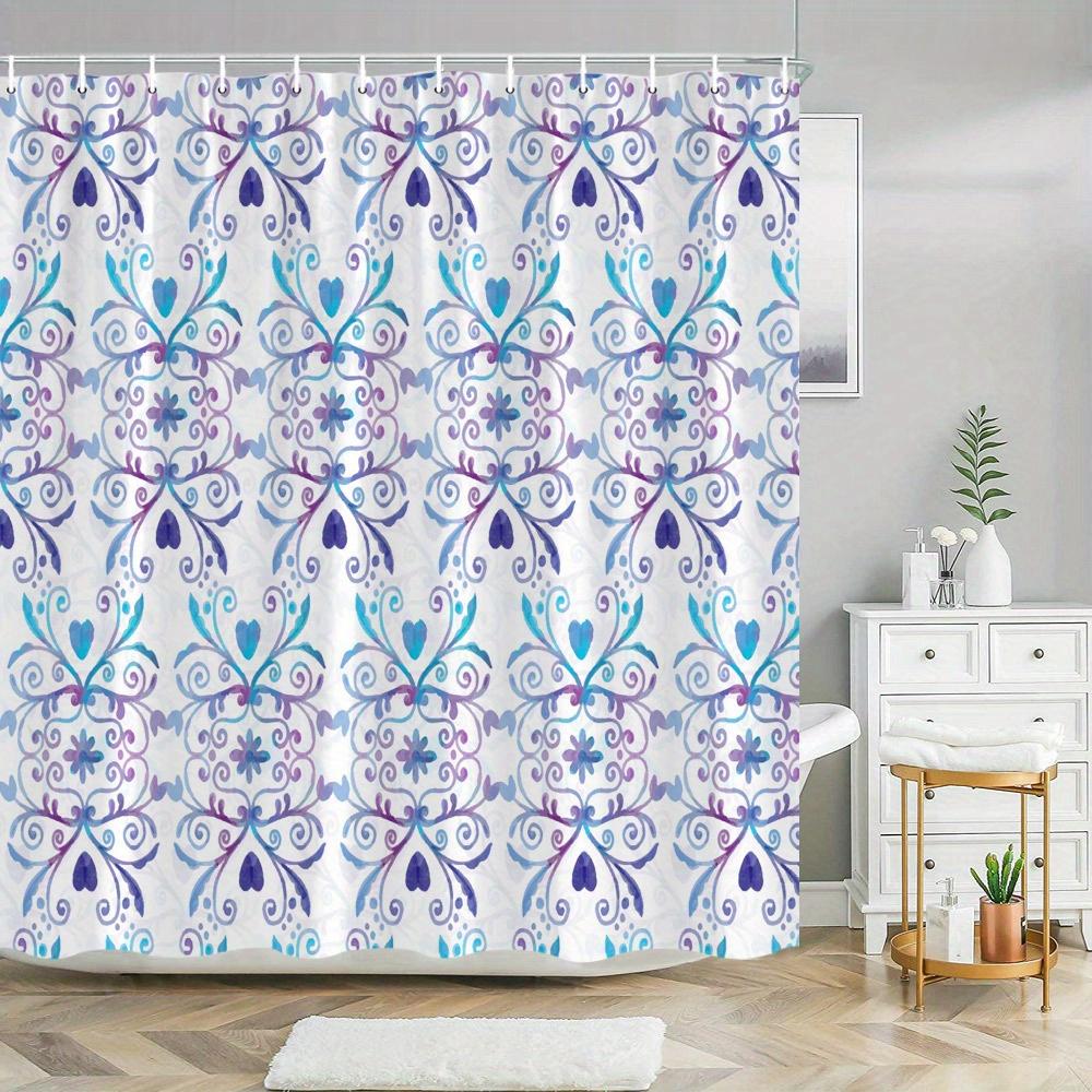 

Purple & Blue Floral & Heart Shower Curtain - Elegant Lace Pattern, Symmetrical Design, Polyester with Hooks W90xH180cm