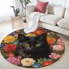 Black Cat Floral Round Area Rug,Carpet Rug for Living Room Bedroom Sofa Playroom Decor,Non-slip Floor Mat