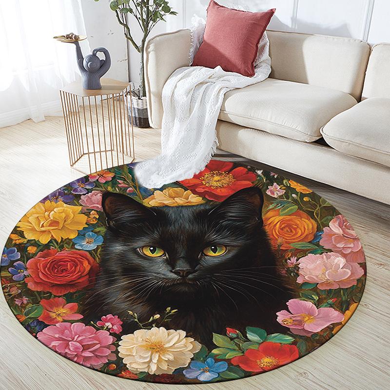 Black Cat Floral Round Area Rug,Carpet Rug for Living Room Bedroom Sofa Playroom Decor,Non-slip Floor Mat