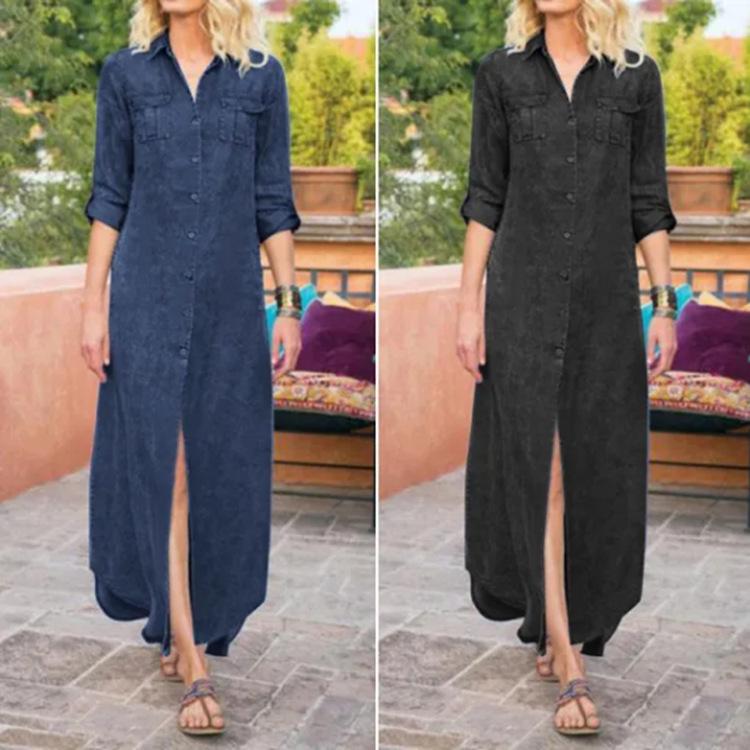 2023 Women's Loose Solid Color Casual Denim Dress - Single-breasted, Summer Style