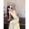 Kumikumi Gentle Style Yellow Floral Sling One Piece Dress Women Clothing Summer French Style Temperament Waist Hugging Slimming Long Dress