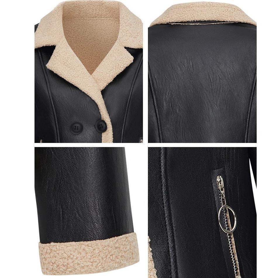 Women's Fleece Leather Jacket Thick Warm Flocked Leather Coat Turn-Down Collar PU Leather Jacket
