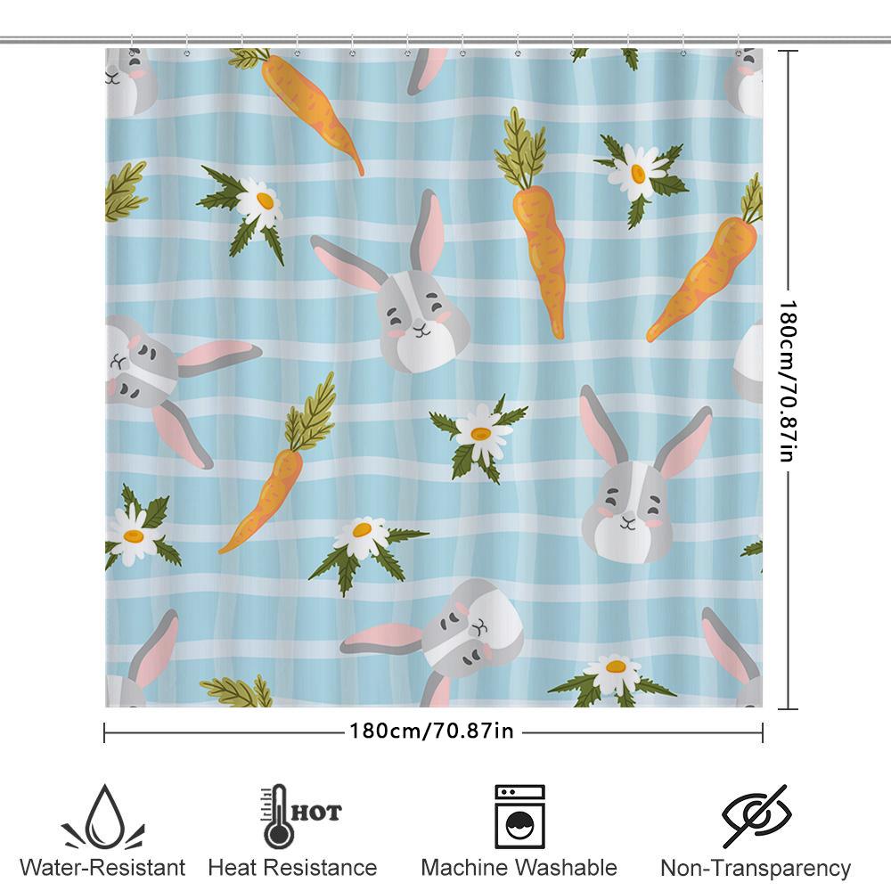Cute Rabbit Carrot Shower Curtain Set For Bathroom Decor Blue Plaid Fabric Print