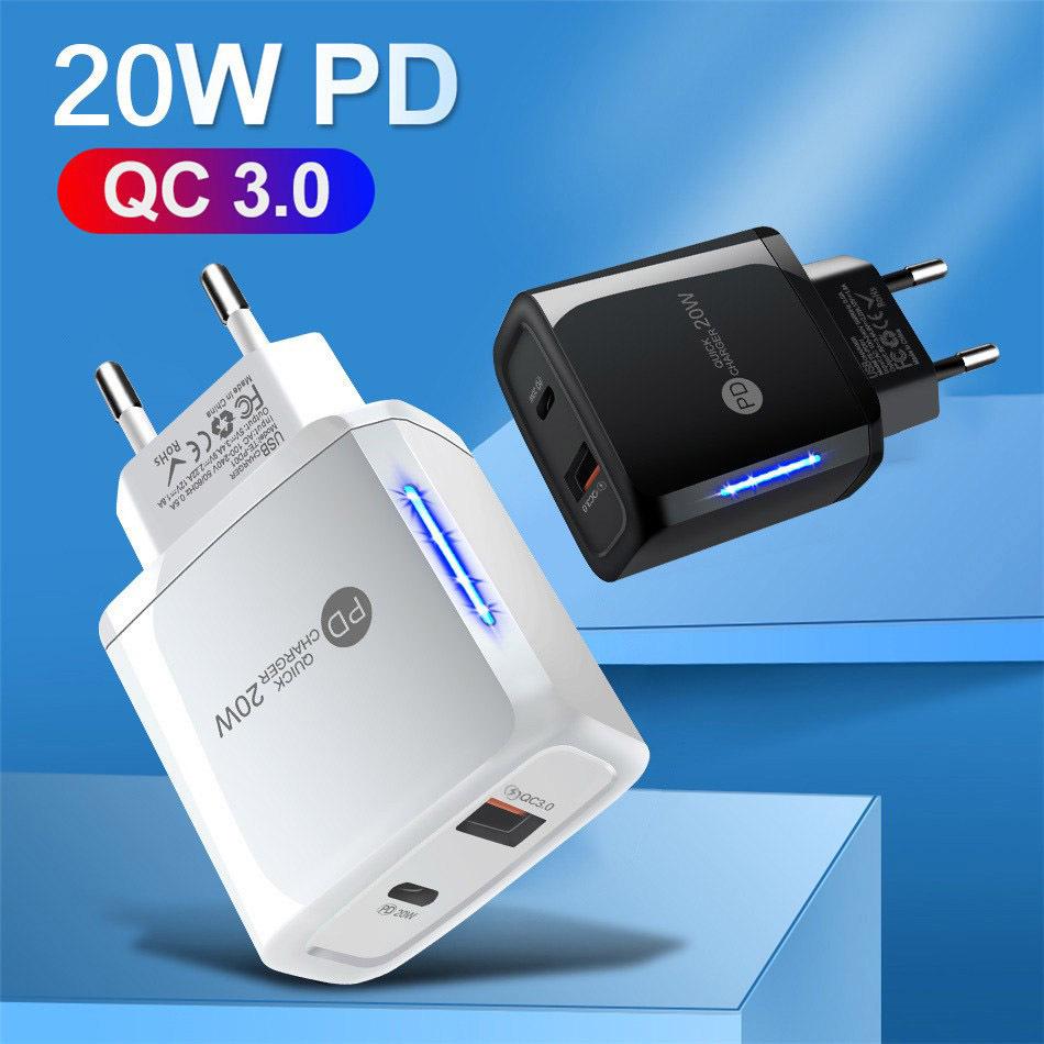 20W PD+QC3.0 Dual Port Fast Charging Travel Charger with Light